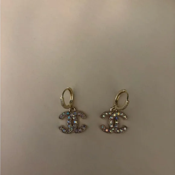 Iridescent Multicolor Chanel stamped Zipper Pull Crystal Earrings - Picture 5 of 9